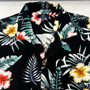 George Hawaiian Shirt Short Sleeve Men Size S 34-36 Black‎ Floral Hibiscus Print